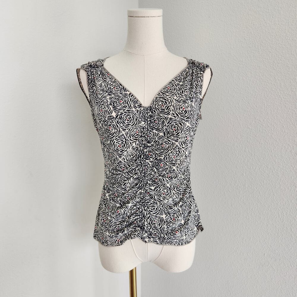 Vintage 90s Studio M White Black Red Rose Patterned Ruched Sleeveless Top S
